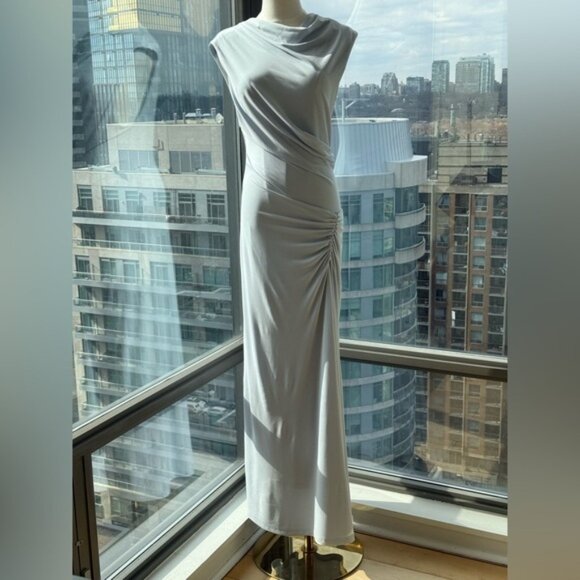 🆕 SIMKHAI 🧿 NWOT Acacia Draped Ruched Jersey Midi Dress, Blue Haze - Sz L - Picture 10 of 15